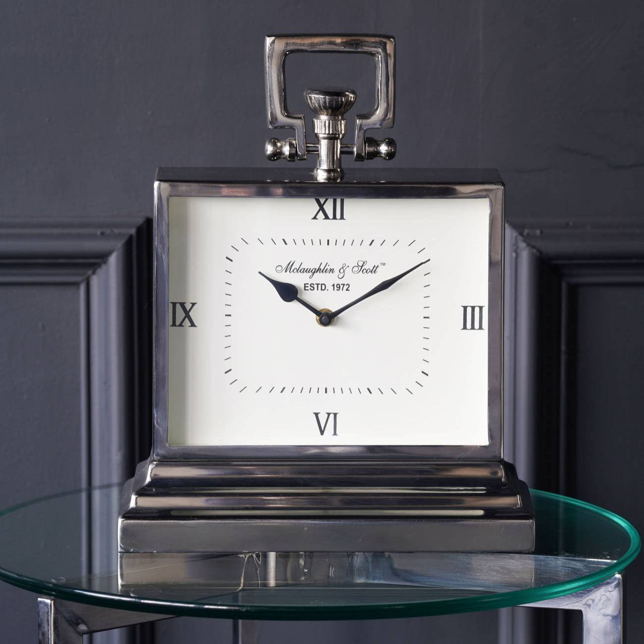 Latham Chrome & White Square Roman Numerals Mantel Clock